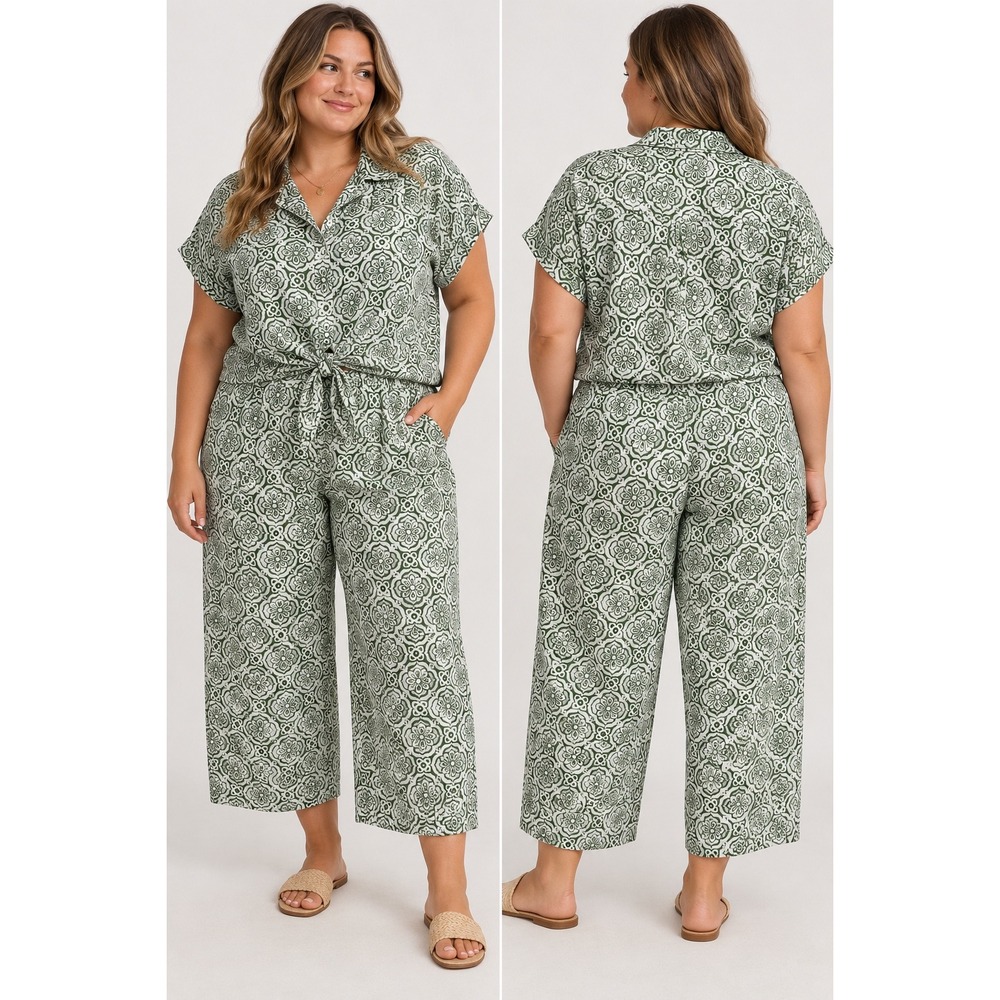 Talbots Green Floral Geometric Linen Cotton Blend Capri Top Set Womens Plus 2x
